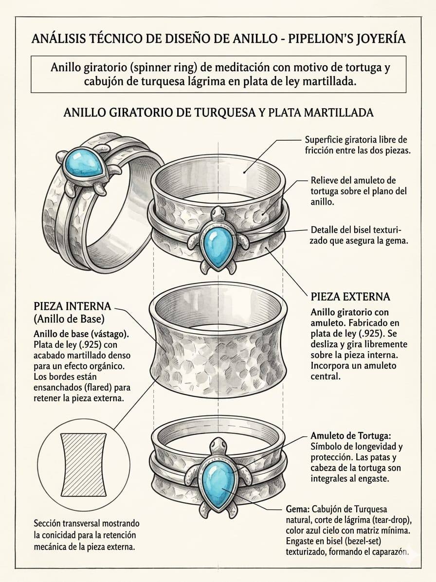 Boceto técnico anillo giratorio turquesa Pipelion's