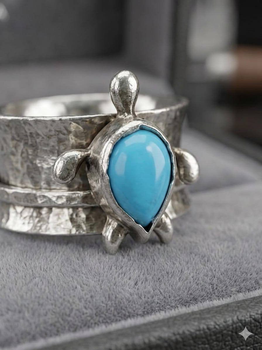 Anillo tortuga plata con turquesa en proceso de engaste