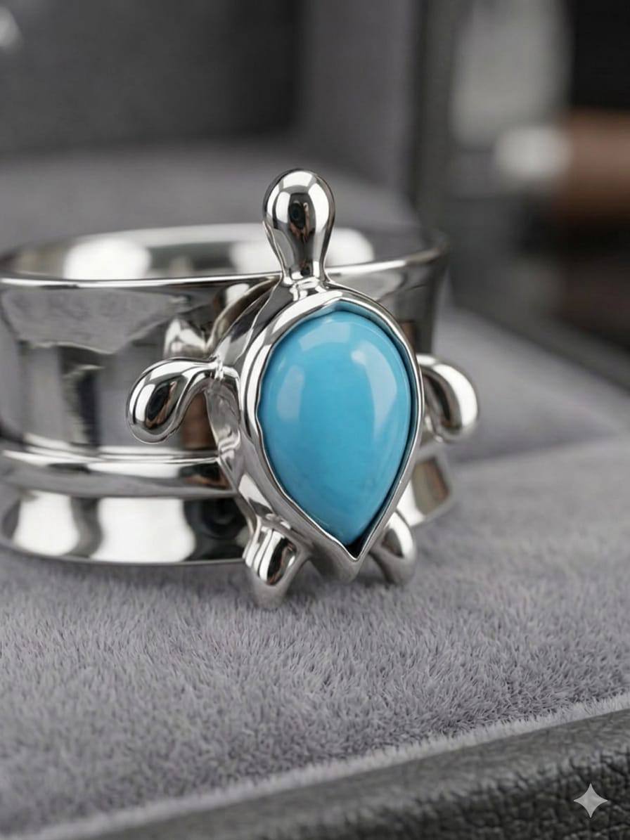 Anillo tortuga plata con turquesa terminado y pulido